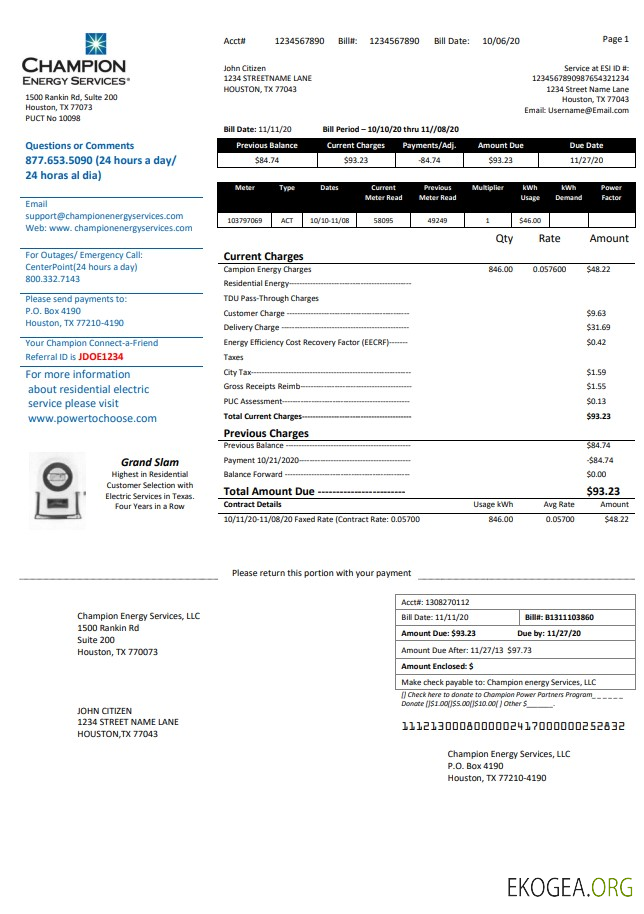 USA Texas Champion Energy Services proof of address utility bill template in Word and PDF format